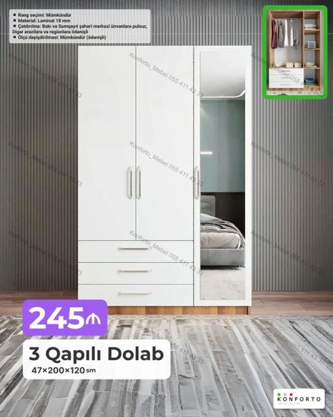 3 qapılı geyim dolabı - Ölçü: 47 200 120 sm - Material: 18 mm — Bakı