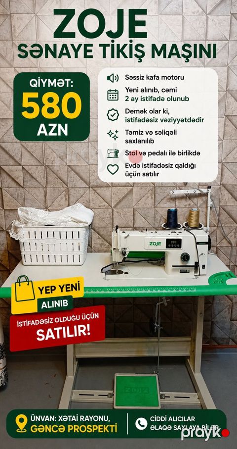 Zoje sənaye tikiş maşını - Sessiz kafa motoru - Yeni alınıb, cəmi 2 — Bakı