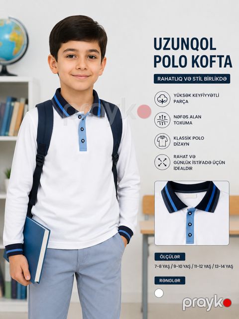 Məktəbli uzunqol polo oğlanlar üçün, ağ, pambıq/polyester, ölçü 6 yaş — Bakı