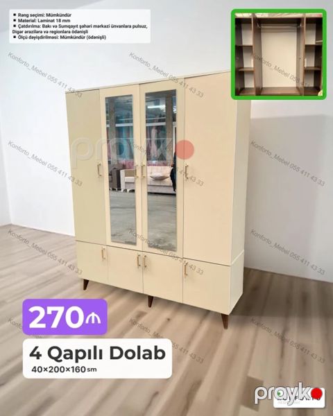 4 qapılı dolab – 40×200×160 sm - Dizayn: 4 qapı, ortada 2 ədəd güzgü — Bakı