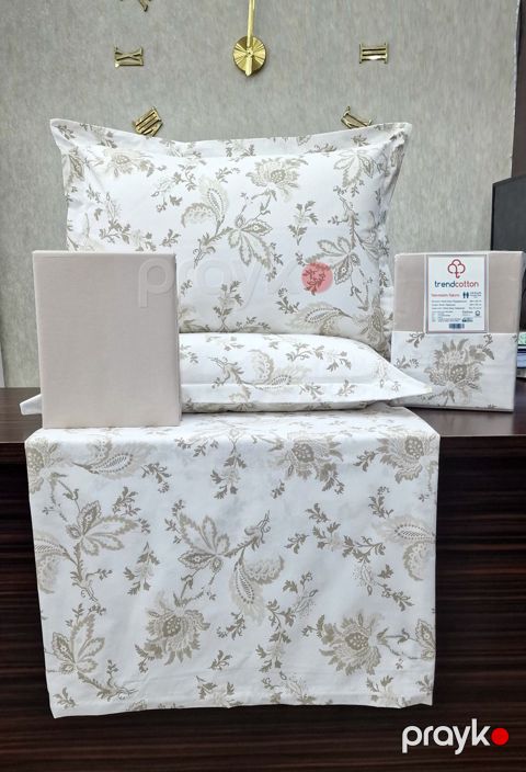 Yataq dəsti Trend Cotton 00004469, yorğan üzü 200x220 sm, mələfə 240x260 sm, 2 yastıq üzü 50x70 sm, ikinəfərlik, pambıq, ağ/bej — Bakı
