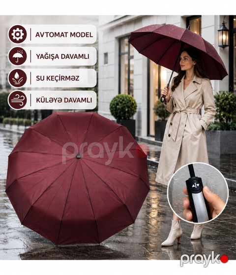 Çətir 2762313, tünd qırmızı, poliester, avtomatik — Bakı