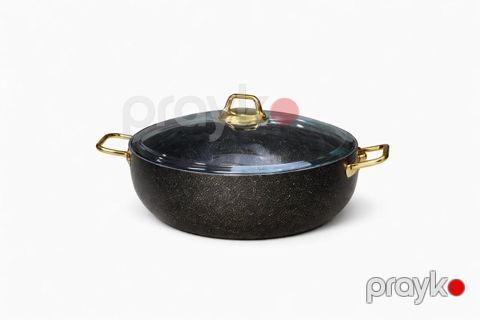 Qazan, qranit, 24 sm, qara, yapışmayan, şüşə qapaq, qızılı metal qulplar — Bakı