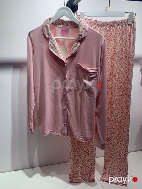 Qadın üçün şalvarlı pijama dəsti, açıq çəhrayı, poliester/likra, ölçü L — Bakı