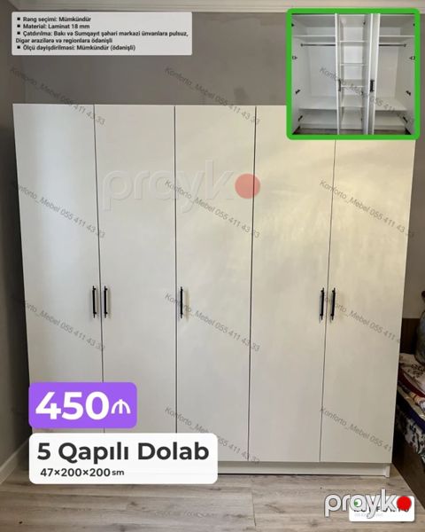 5 qapılı şkaf – 47×200×200 sm - Material: 18 mm laminat - Rəng — Bakı