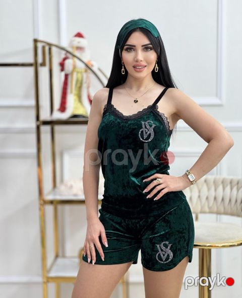 Qadınlar üçün şortlu pijama dəsti Nv095, yaşıl, parça, ölçü M — Bakı