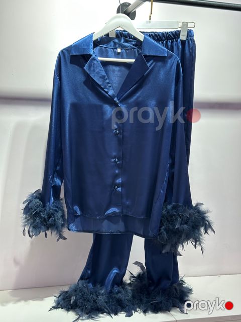 Qadınlar üçün şalvarlı pijama dəsti, göy, atlas, ölçü S-M — Bakı