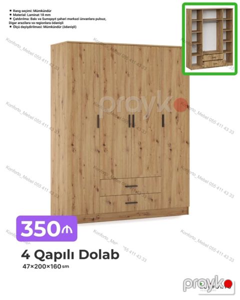 4 qapılı geyim dolabı — 47×200×160 sm Qiymət: 350 Material: 18 mm — Bakı