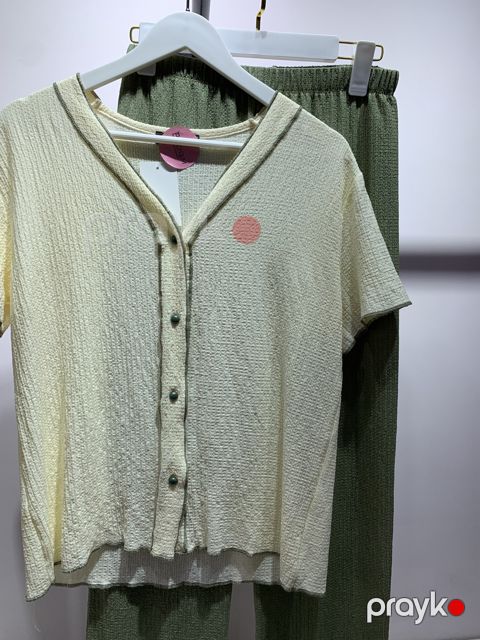 Şalvarlı pijama dəsti 01.00029, yaşıl/krem, poliester/viskoz, ölçü S/M — Bakı