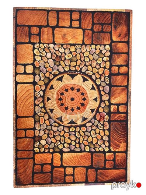 Qapı qabağı xalça dekorativ medalyon naxışlı, daş və taxta teksturalı, qəhvəyi/bej/qara, 40x60 sm, suya davamlı, düzbucaqlı - SH-1517 — Bakı