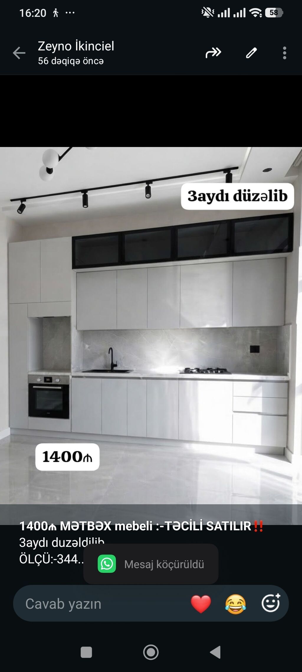 *1400₼ Mətbəx mebeli Satılır*‼ 3aydı duzəldilib ÖLÇÜ:-344 — Mətbəx mobilyası, Bakı