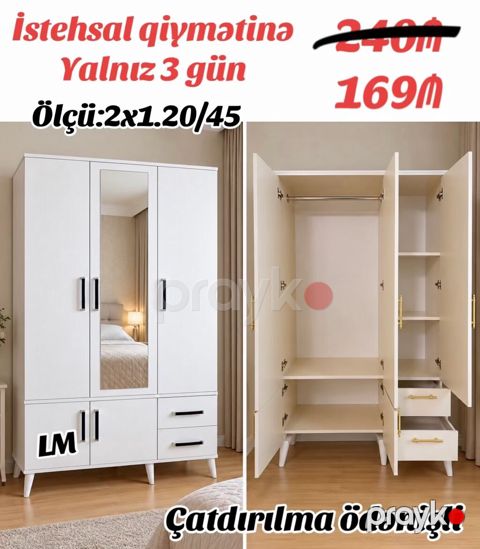 Üç qapılı laminat şkaf – yüksək keyfiyyət, səmərəli qiymət, yalnız 3 — Bakı