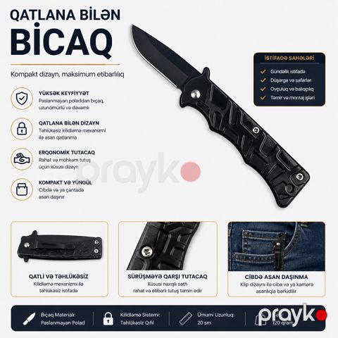 Bıçaq kempinq üçün 94480238, paslanmayan polad, qara — Bakı