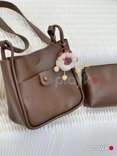 Qadın çantası + kosmetik çanta 7338, eko dəri, qəhvəyi — Bakı