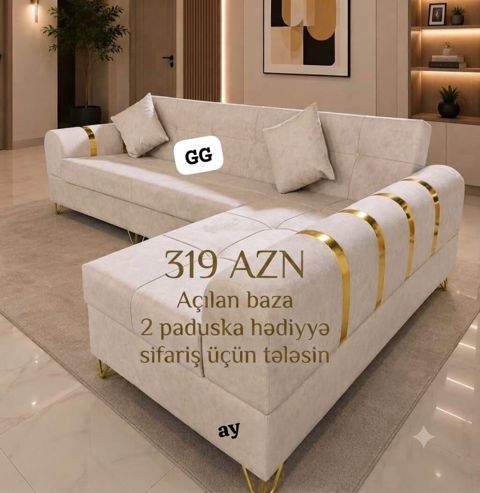 Künc divan – açılan baza funksiyalı. - Yumşaq krem rəngli parça üzlük — Мягкая мебель
