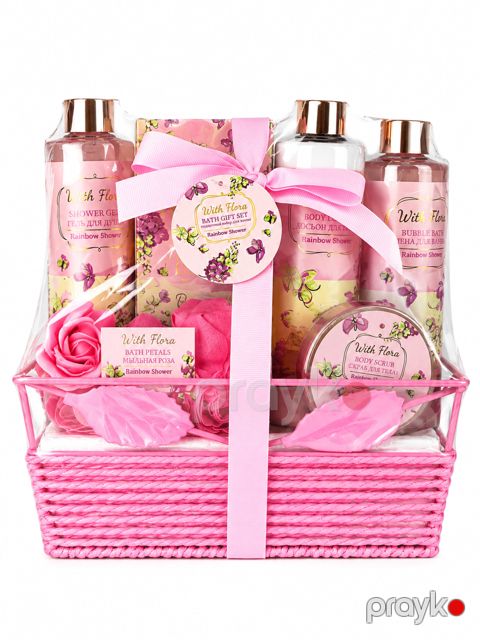 Qulluq üçün kosmetika dəsti With Flora (duş geli 195 ml + hamam üçün köpük 250 ml + bədən skrabı 100 q + lif + gul ləçəklər formalı sabun) — Bakı