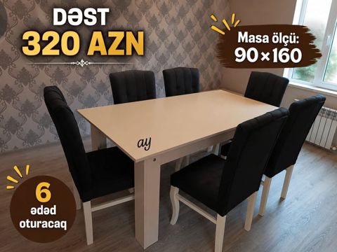 Yemək otağı üçün masa–stul dəsti. - Dəst: 1 masa + 6 ədəd oturacaq — mebeldivansifarisle — Столы и стулья