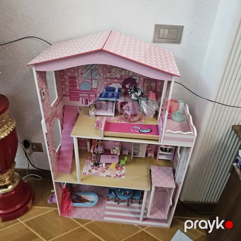 Böyük, 3 mərtəbəli taxta/plastik uşaq kukla evi və zəngin oyun dəsti — Bakı