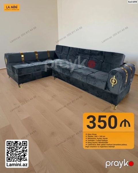 Künc Divan – Kod: 6898 - Ölçülər: 260 160 sm - Mexanizm: Açılan — Bakı