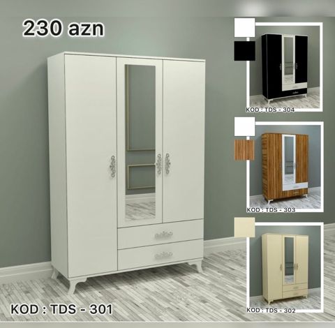 Üç qapılı paltar şkafı – KOD: TDS-301 - Klassik dizayn, ortada böyük — Digah