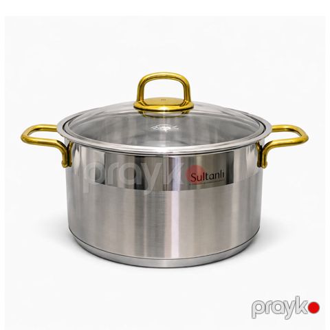 Qazan Sultanlı, paslanmayan polad, 24x13 sm, 5.7 l, şüşə qapaq, qızılı tutacaq — Bakı