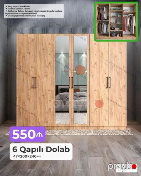 6 qapılı paltar dolabı – 47×200×240 sm - Material: 18 mm laminat — Bakı