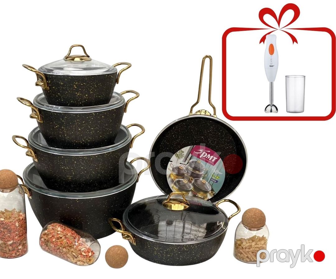 Qab-qacaq dəsti PMT PP-MM-012, qranit, qara, 11 parça, hədiyyə əl blenderi RAF R.268 — Mallar, Bakı
