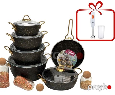 Qab-qacaq dəsti PMT PP-MM-012, qranit, qara, 11 parça, hədiyyə əl blenderi RAF R.268 — Bakı