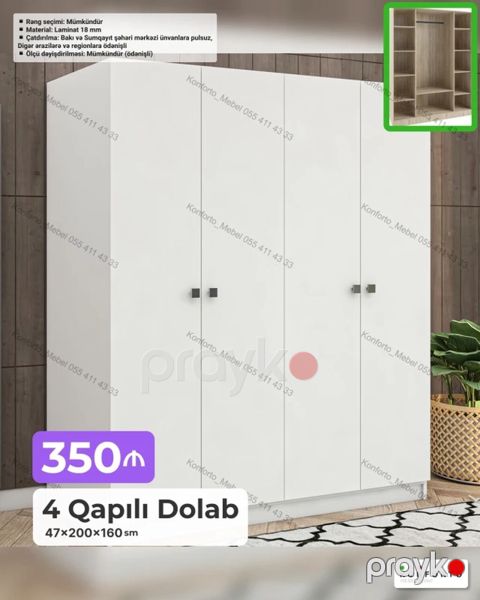 4 qapılı geyim dolabı – 47×200×160 sm Material: 18 mm laminat — Bakı