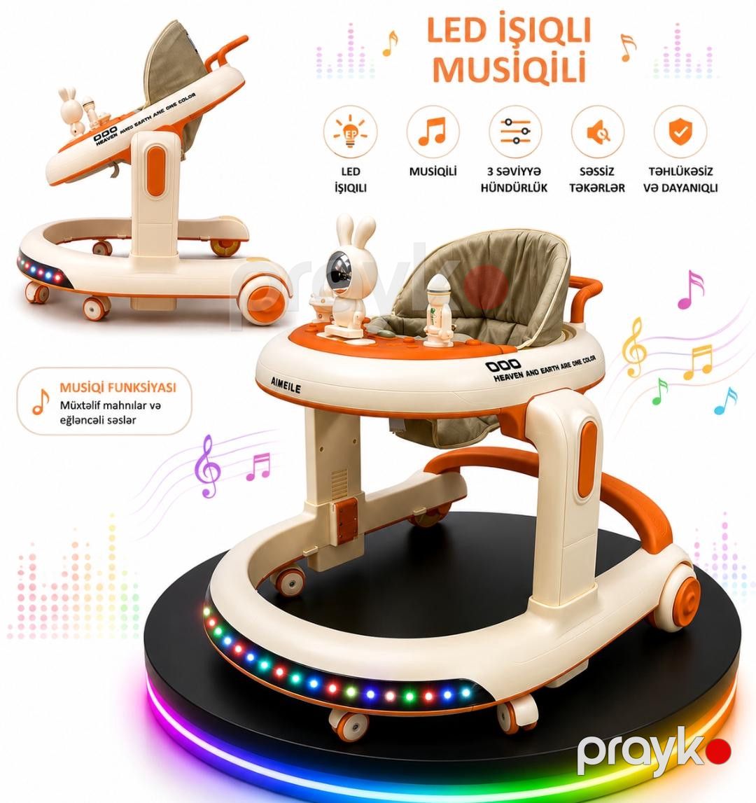Çoxfunksiyalı uşaq yerimə arabası AYKN_624, musiqili, led işıqlı, qatlanan, 6 aydan yuxarı, narıncı — Mallar, Bakı (2)