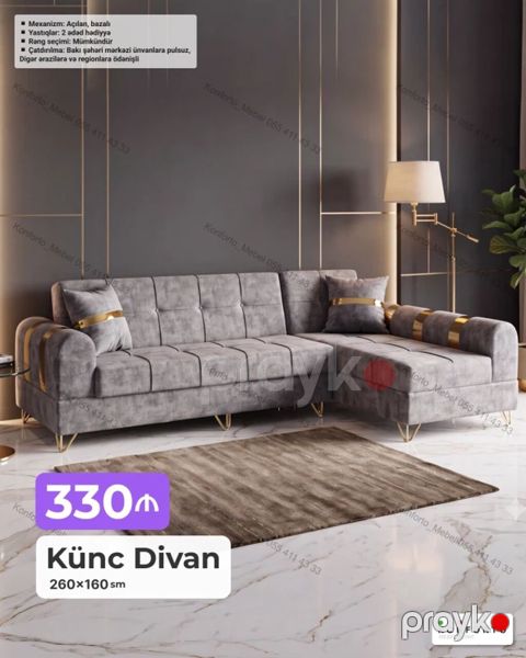 Künc divan – 260×160 sm - Mexanizm: açılan, bazalı (yuxarı qaldırılan — Bakı