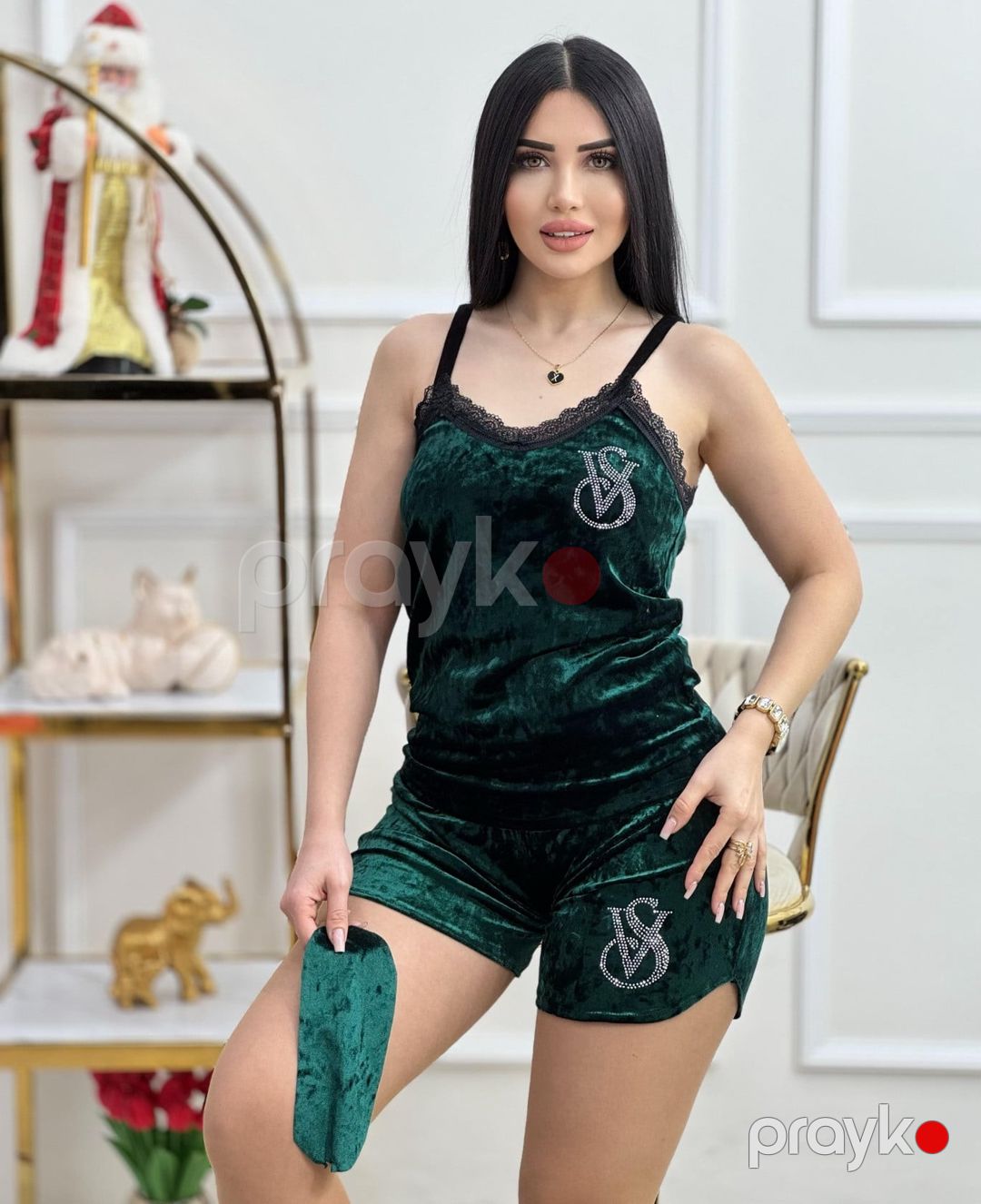 Qadınlar üçün şortlu pijama dəsti Nv095, yaşıl, parça, ölçü M — Mallar, Bakı (2)