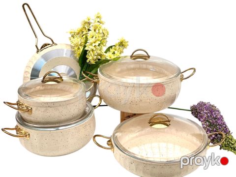 Qab-qacaq dəsti PMT Elips Gold PP-LL-017, qranit, bej/qızılı, 4 parça — Bakı