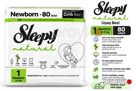 Uşaq bezləri Sleepy Natural ölçü 1 Newborn, 2–5 кq, 80 əd — Bakı