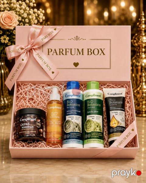 Bədən və saç üçün kosmetika dəsti Compliment (Hidrofil yağı + Bədən üçün skrab + Saçlar üçün şampun + Saçlar üçün balzam + Saç maskası) — Bakı