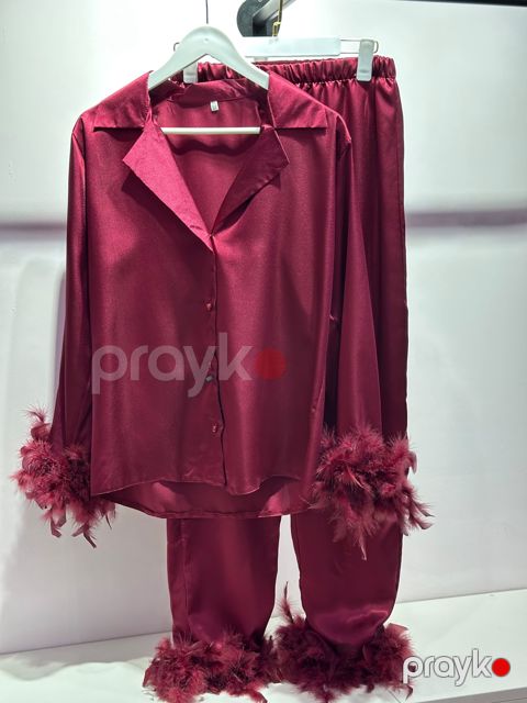 Qadınlar üçün şalvarlı pijama dəsti, tünd qırmızı, atlas, ölçü 2XL — Bakı