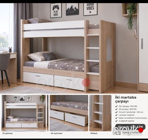 İki mərtəbə çarpayı - Üst çarpayı ölçüsü: 90x190 - Alt çarpayı — Digah