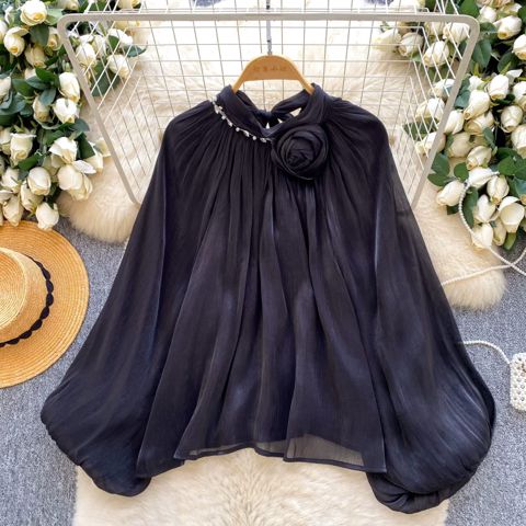 Uzunqol bluz 12536 qadınlar üçün, qara, ipək, satin, ölçü One size — Bakı
