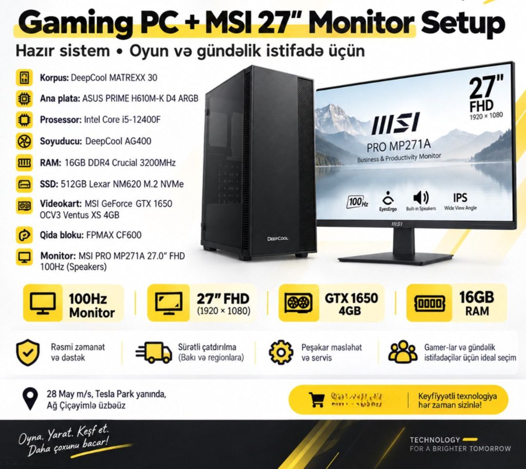 Gaming PC + MSI 27” 100Hz Monitor Setup — Masaüstü kompüterlər, Bakı