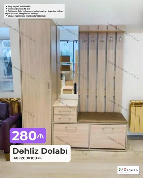 Dəhliz Dolabı – 40×200×160 sm – Funksional dəst: asılqan panelləri və — Bakı