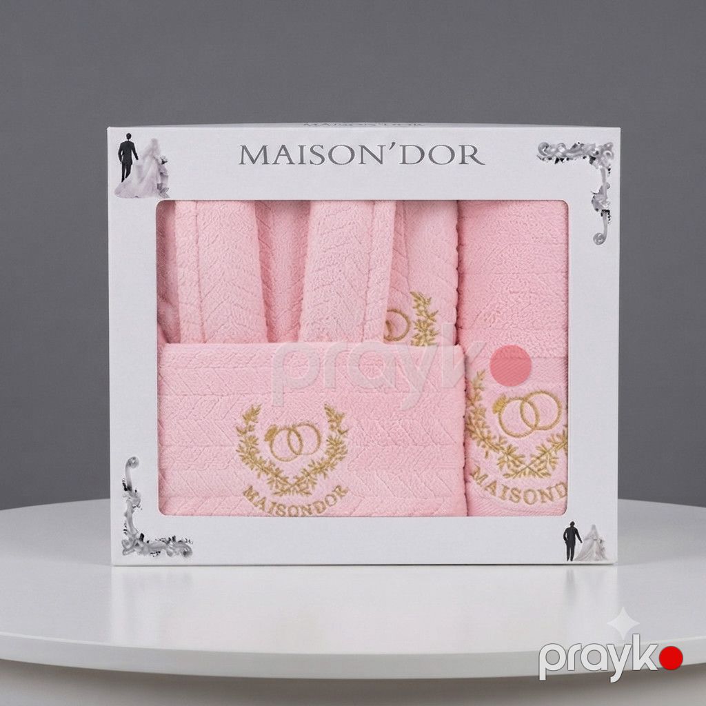 Dəst Maison D'or (hamam xalatı + bədən dəsmalı 70x140 sm + əl və üz dəsmalı 40x80 sm), mikrofiber, çəhrayı, ölçü M/L — Mallar, Bakı (2)