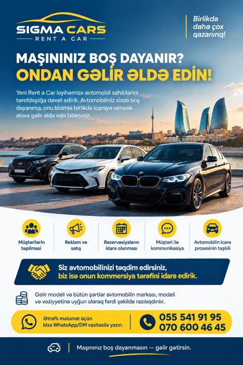 Maşınınız boş dayanır? ondan gəlir əldə edin Yeni Rent a Car — Bakı