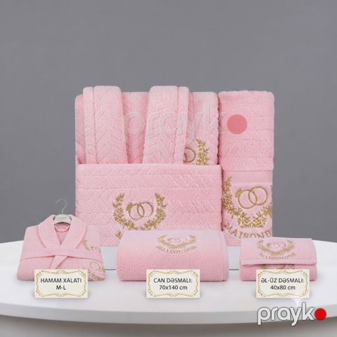 Dəst Maison D'or (hamam xalatı + bədən dəsmalı 70x140 sm + əl və üz dəsmalı 40x80 sm), mikrofiber, çəhrayı, ölçü M/L — Bakı