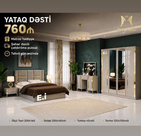 Yataq Dəsti – 760 Dəst tərkibi və ölçülər: - Taxt: 200×160 - Dolab — Sumqayıt