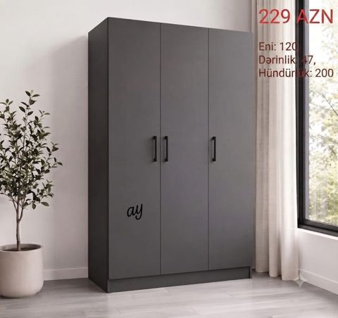 Qapalı 3 qapılı paltar şkafı – minimal dizayn, tutacaqlı qapılarla — Digah