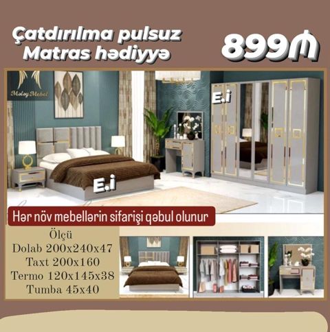 Yataq otağı dəsti – modern dizayn, qızılı dekor elementləri ilə boz — Bakı