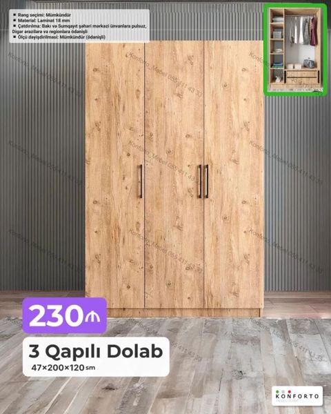 3 qapılı geyim dolabı Ölçülər: 47×200×120 sm Material: 18 mm — Bakı