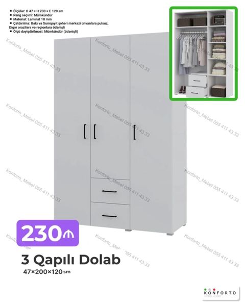3 qapılı geyim dolabı — 47×200×120 sm - Material: 18 mm laminat — Bakı