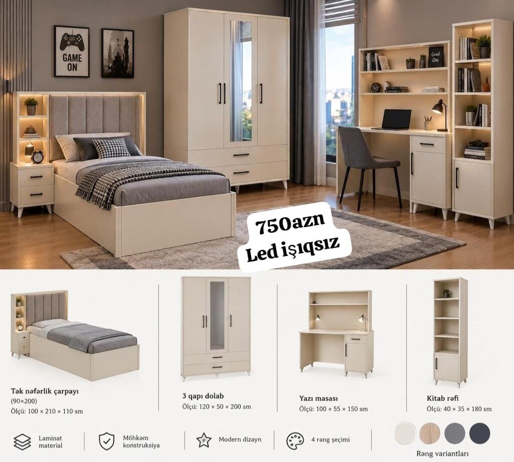 Gənc otağı mebel dəsti – LED işıqsız (750 AZN yazısı şəkildə — Uşaq mebeli dəstləri, Digah