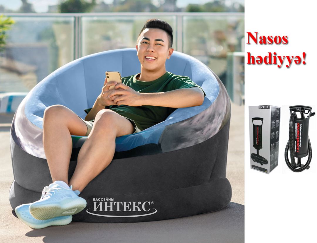 Şişmə kreslo Intex 68584N, göy, 112x109x69 sm + nasos Hediyyə — Mallar, Bakı (3)